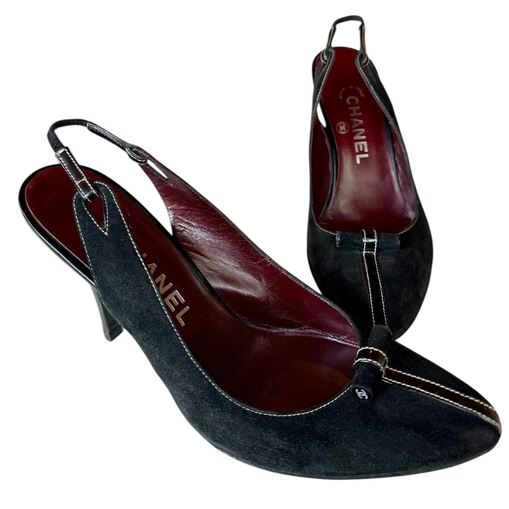 Vintage Chanel black suede sling back with patent leather detail 37.5 w/ dustbag - Picture 2 of 9